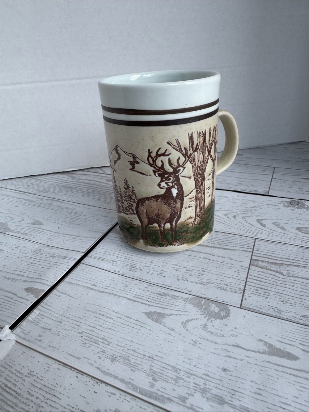 Rustic Deer Ceramic Coffee Mug - Cream and Brown Vintage